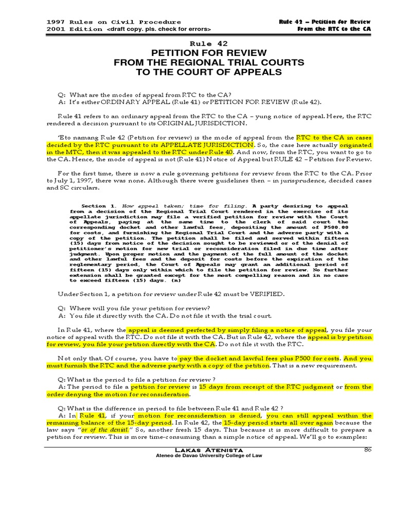 Rule 42 - Petition For Review From The RTC To The CA | PDF | Lawsuit ...