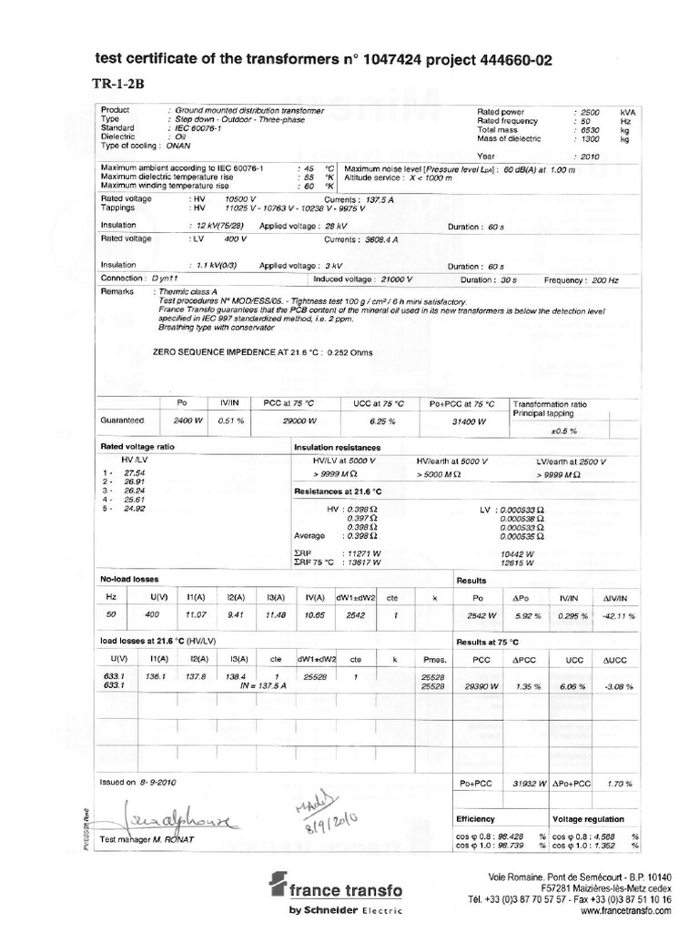 Test Reports Transformer 2.5mva | PDF