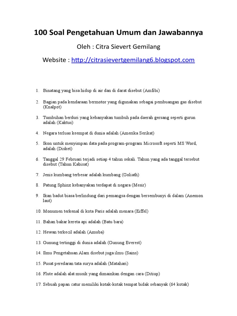 100soalpengetahuanumumdanjawabannya Docx