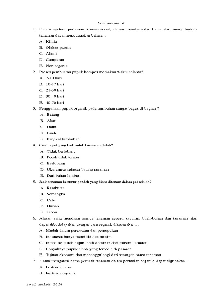 Soal Ujian Praktek Agribisnis Tanaman Pangan Dan