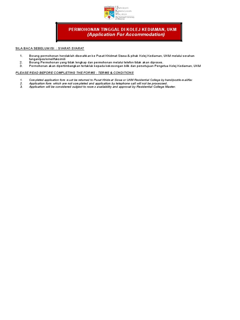 Borang Permohonan Tinggal Di Kolej Pdf