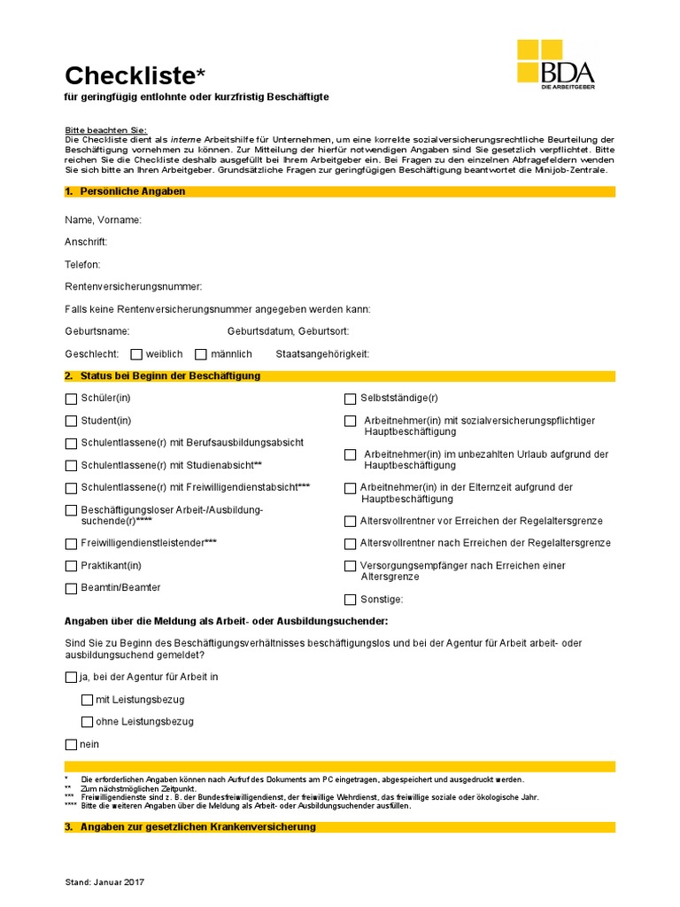 Minijob Zentrale Personalbogen Muster