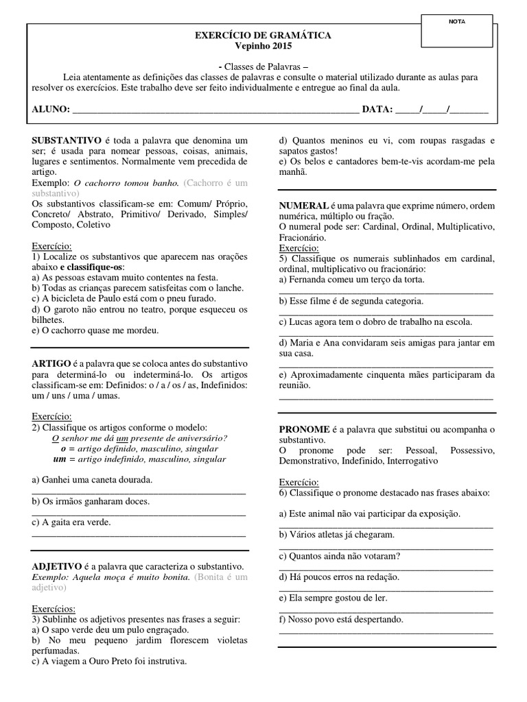 Exercício de identificação e classificação de classes gramaticais | PDF ...