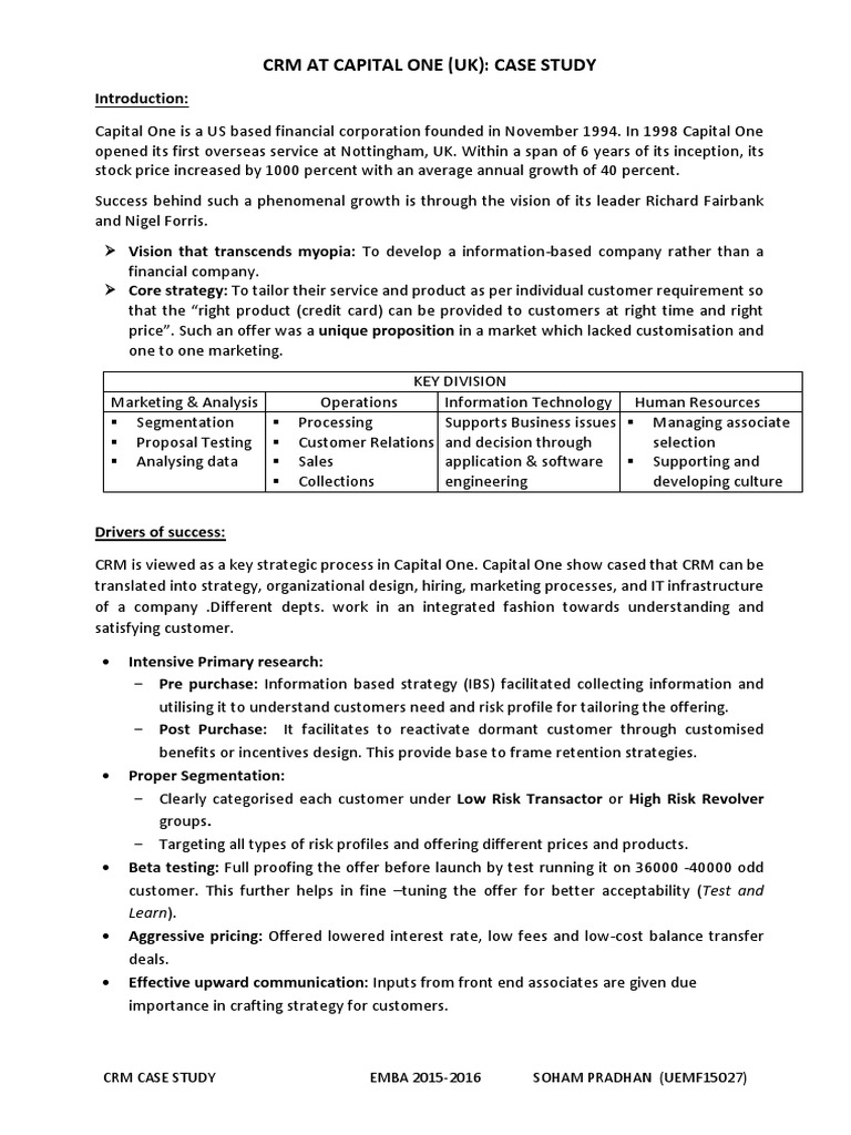 Capital One CRM Case Study Analysis | PDF | Customer Relationship ...
