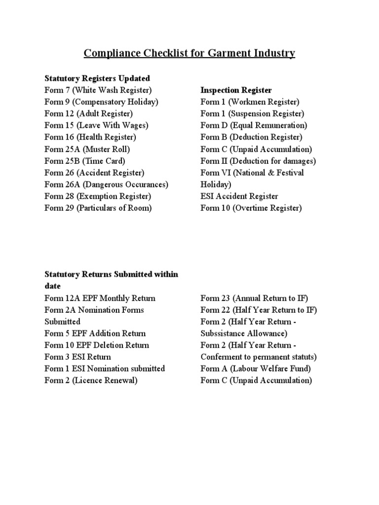 Garment Industry Compliance Checklist | PDF | Toilet | Public Toilet