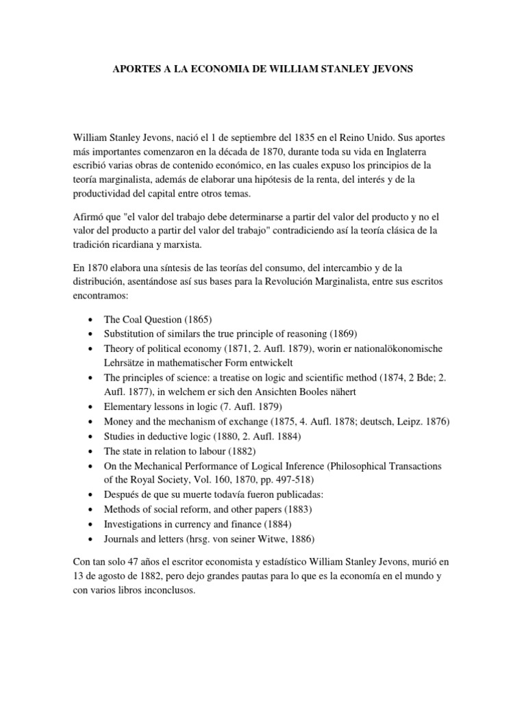 Aportes A La Economia de William Stanley Jevons | PDF