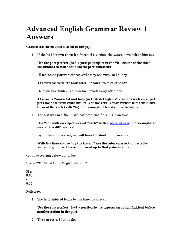 Advanced English Grammar Review 1 Answers 1 | English Grammar | Verb