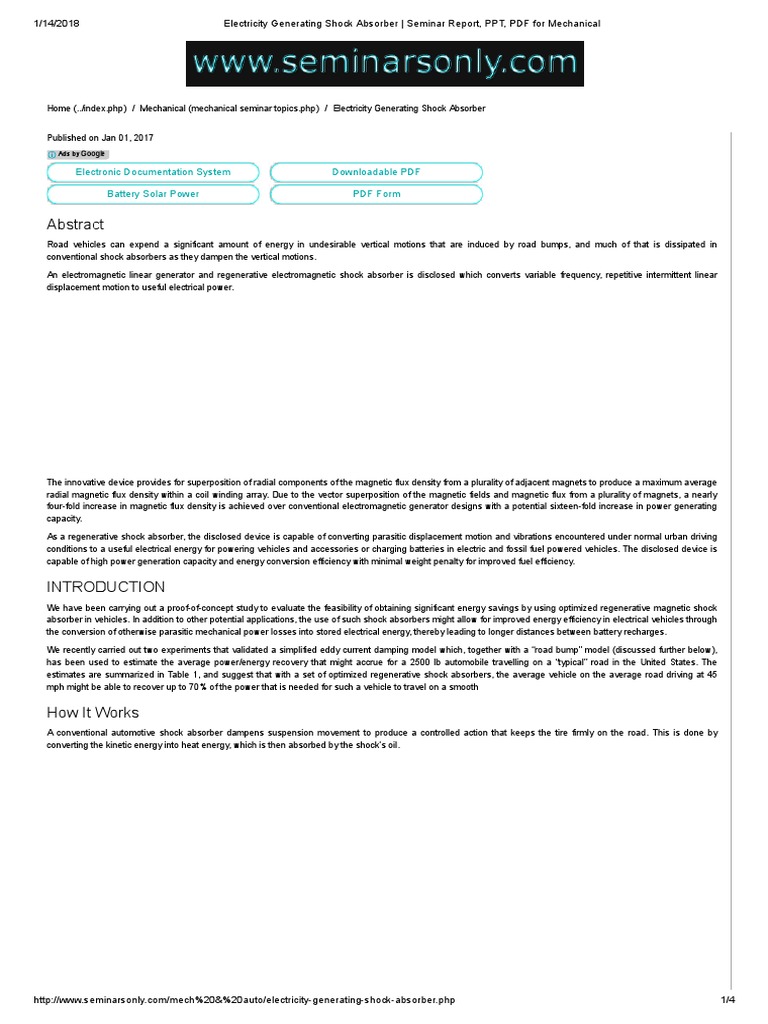 Electricity Generating Shock Absorber Seminar Report, PPT, PDF For