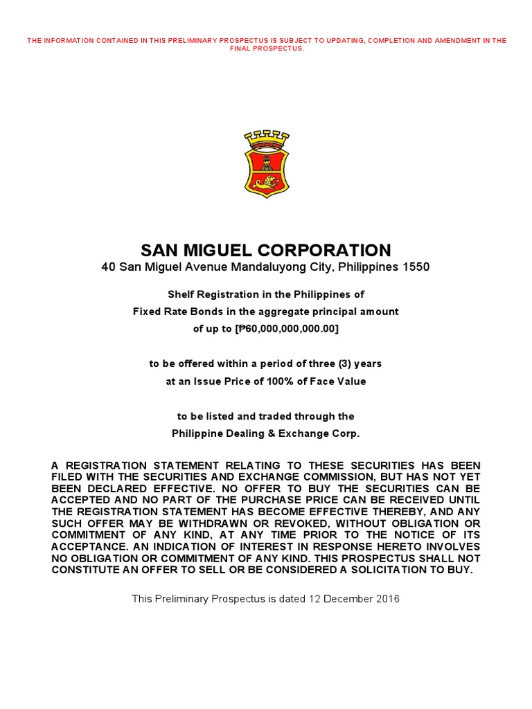SMC Preliminary Prospectus (Filed 13 Dec 2016) | PDF | San Miguel  Corporation | Bonds (Finance)