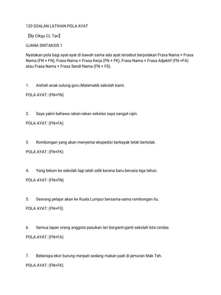 120 Soalan Latihan Pola Ayat Pdf