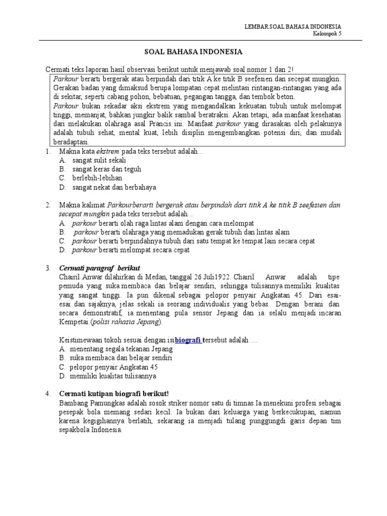 Soal Bahasa Indonesia Gel 2 Doc