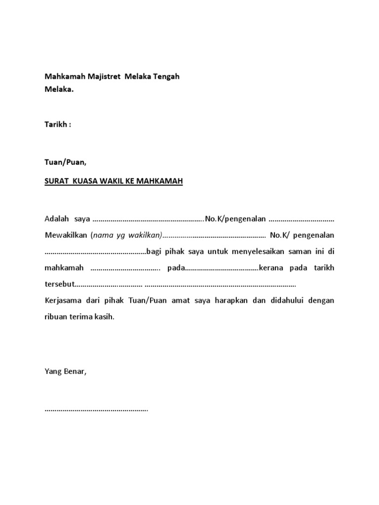 Format Surat Kuasa Mengurus Mengambil Kenderaan