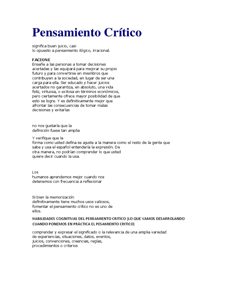 Habilidades del Pensamiento Crítico | PDF | Crecimiento personal y ...