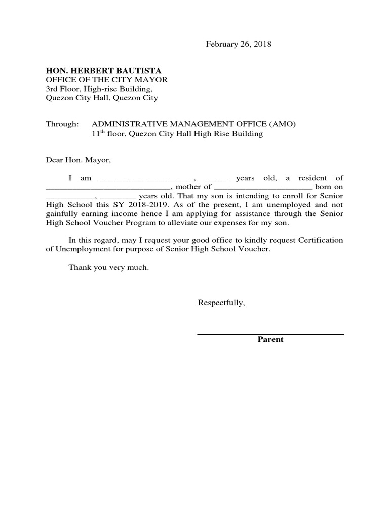 Letter for Certificate of Unemployment City Mayor Government Politics