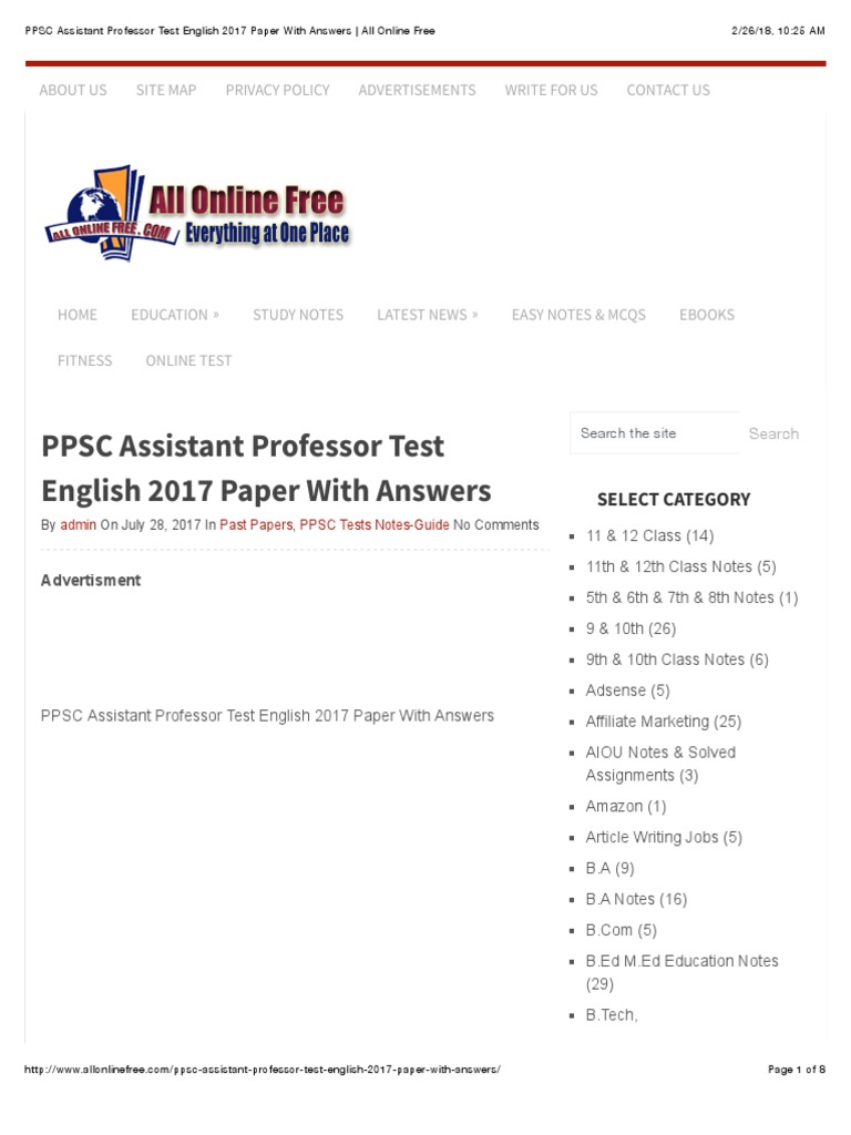 PPSC Assistant Professor Test English 2017 Paper With Answers - All ...