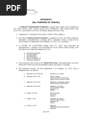 Affidavit Re Purpose of Travel