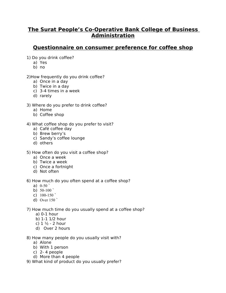 coffee shop business plan questionnaire