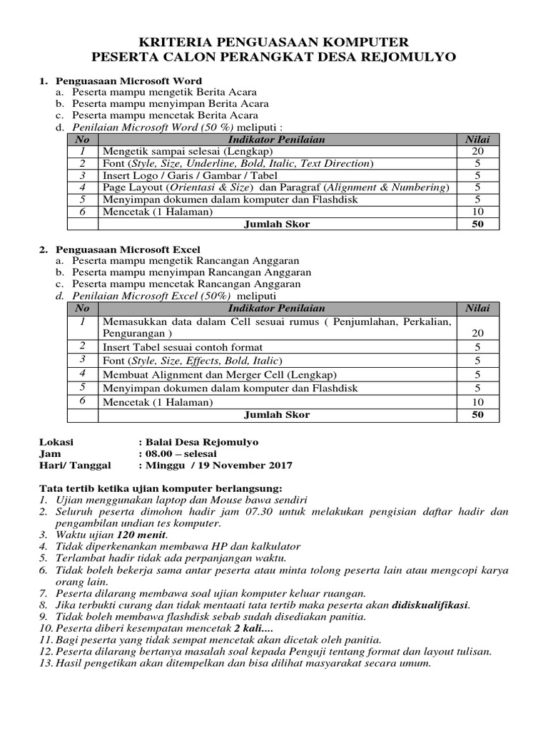 Kriteria Ujian Komputer Perangkat Desa | PDF