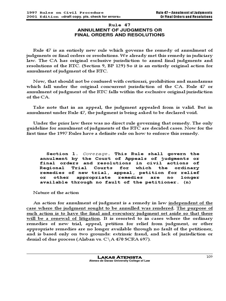 Rule 47: Annulment of Judgments | PDF | Certiorari | Annulment