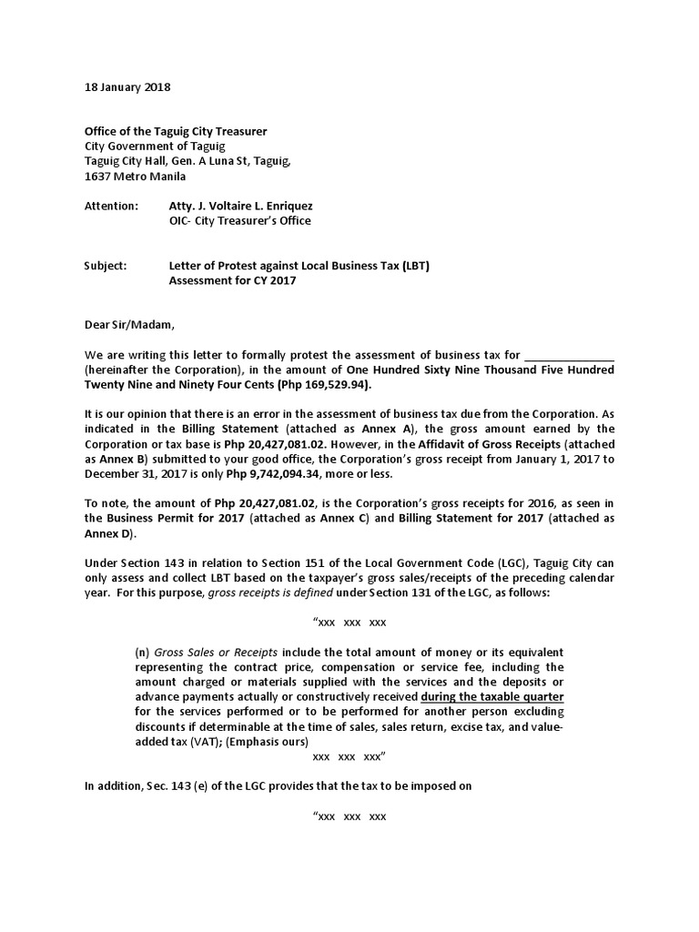 Business Tax Protest Letter  PDF  Corporate Tax  Taxes