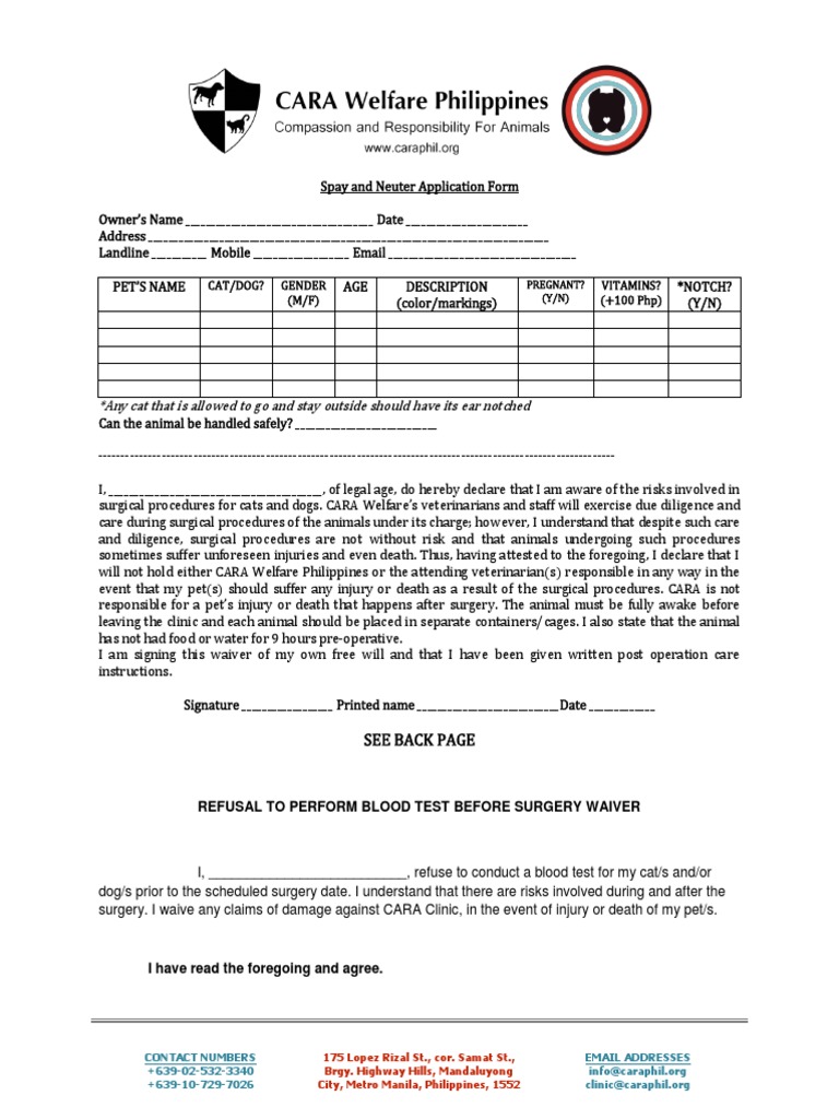CARA Spay and Neuter Application Form | PDF | Neutering | Surgery