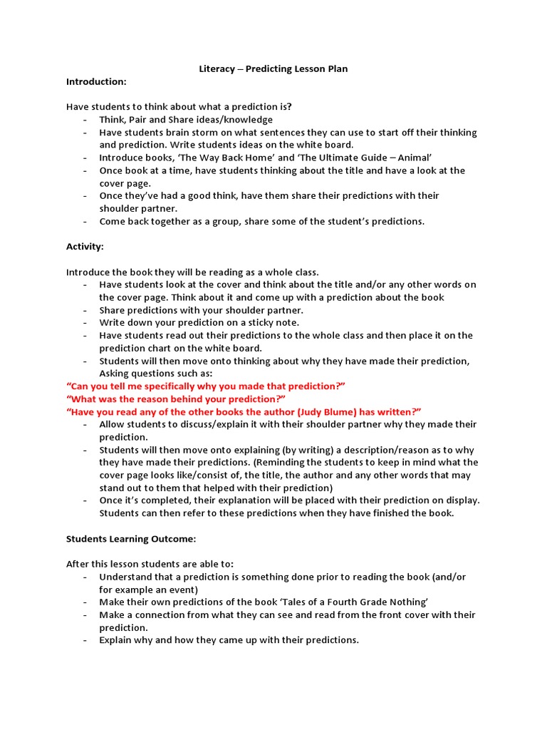 Literacy Lesson Plan: Making Predictions | PDF | Prediction | Reason