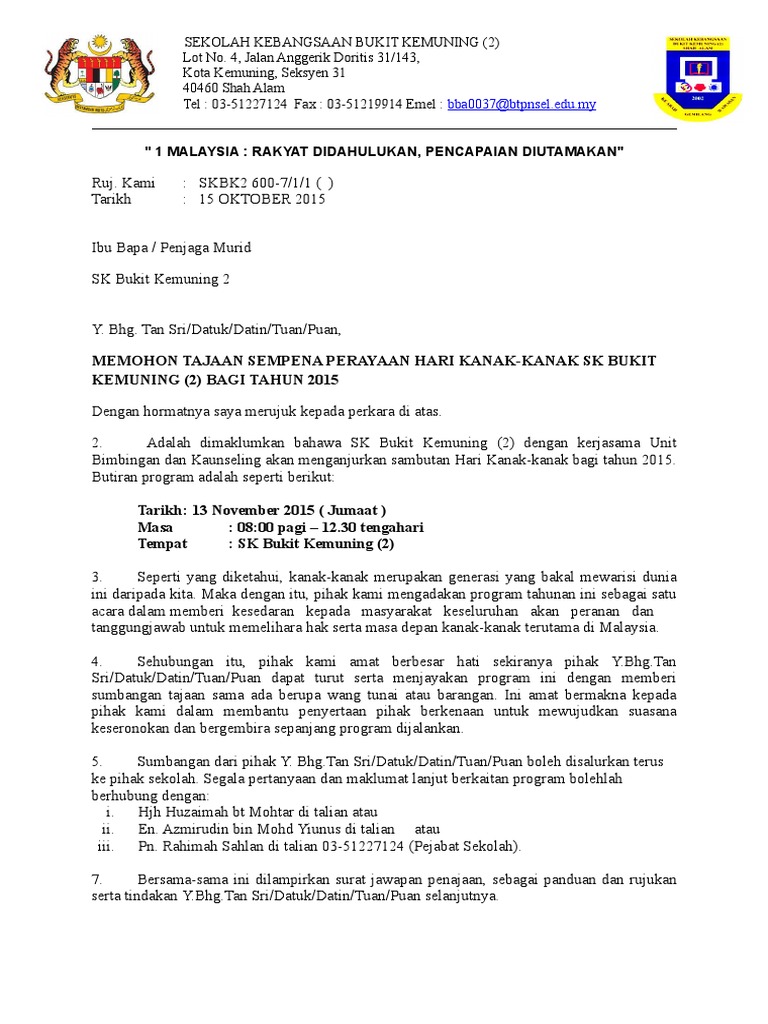Surat Tajaan Hari Kanak Kanak Sekolah Pdf
