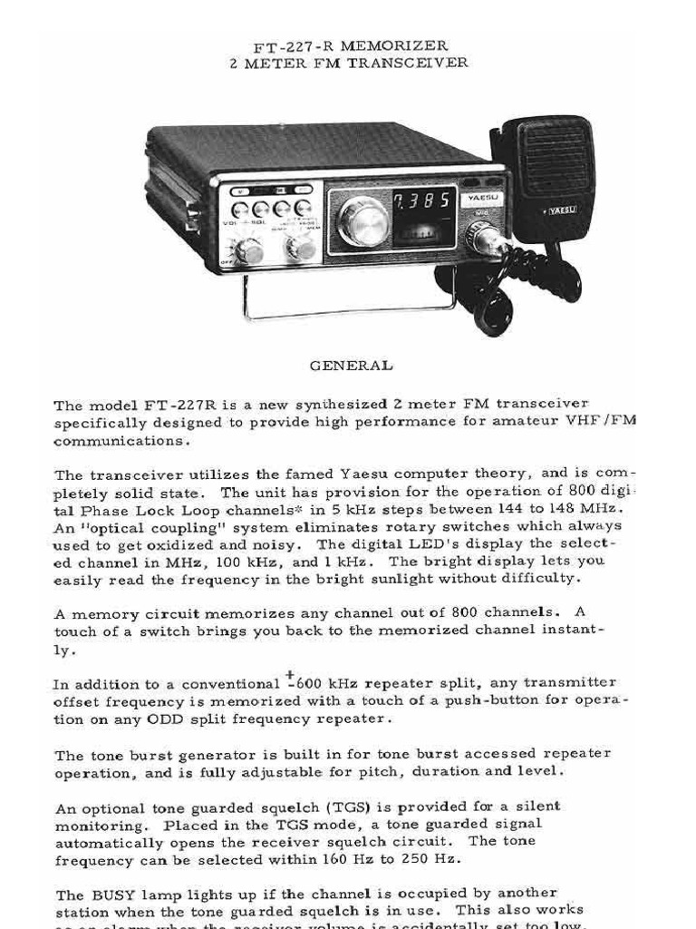 【取扱説明書のみ】YAESU FT-227 OPERATING MANUAL Yaesu FT-227R Technical Supplement Service Manual | PDF