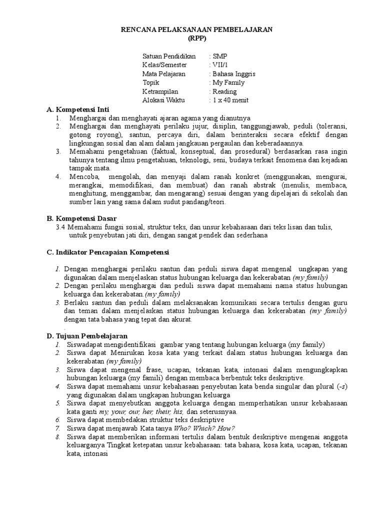 Contoh RPP Bahasa Inggris Kurikulum 13 Kelas 7 | PDF