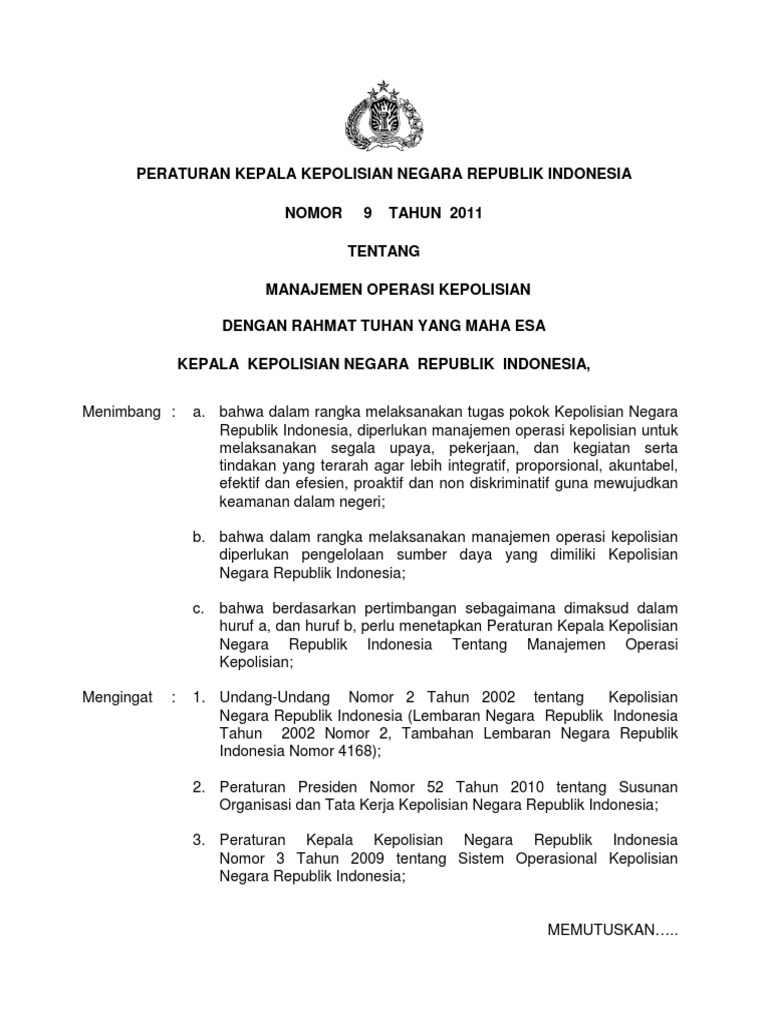 Perkap No 9 Tahun 2011 Tentang Manajemen Operasi Kepolisian Pdf