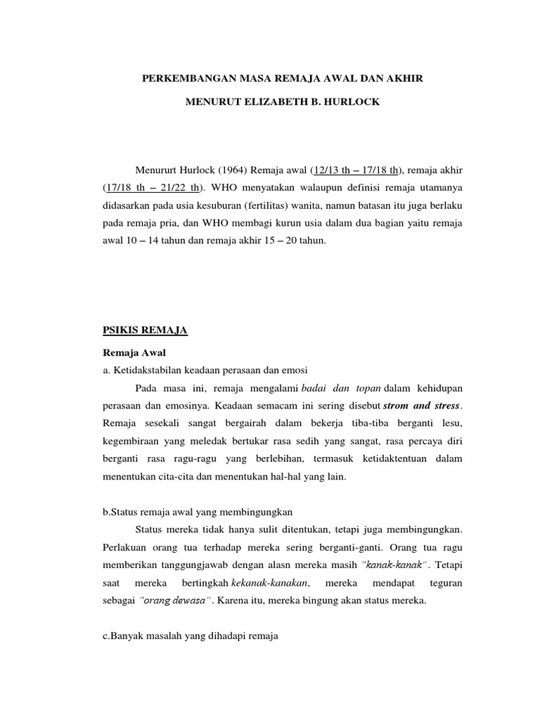 Perkembangan Masa Remaja Awal Dan Akhir Pdf