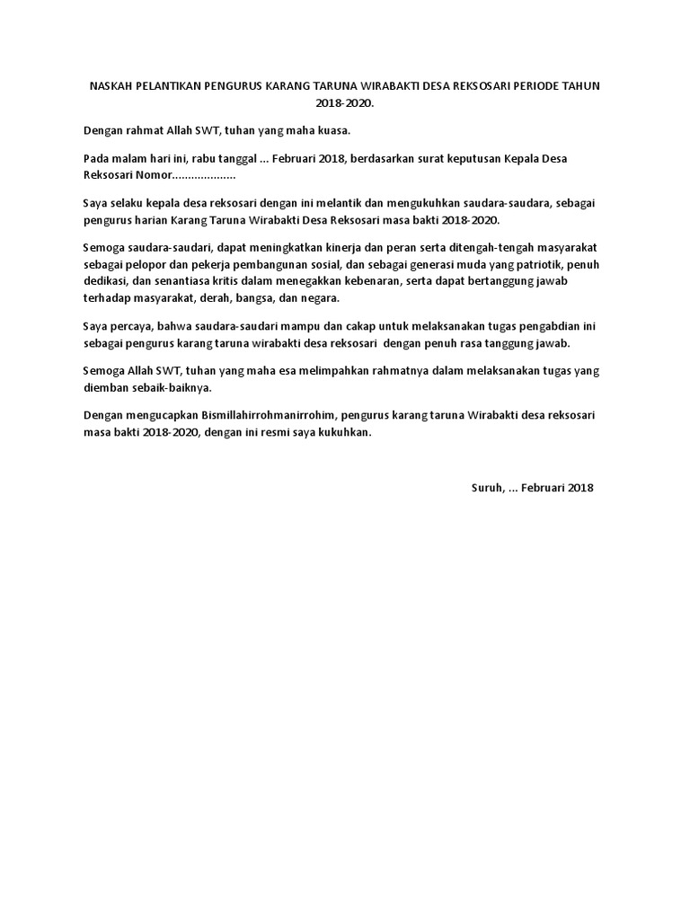 Naskah Pelantikan Pengurus Karang Taruna Wirabakti Desa Reksosari