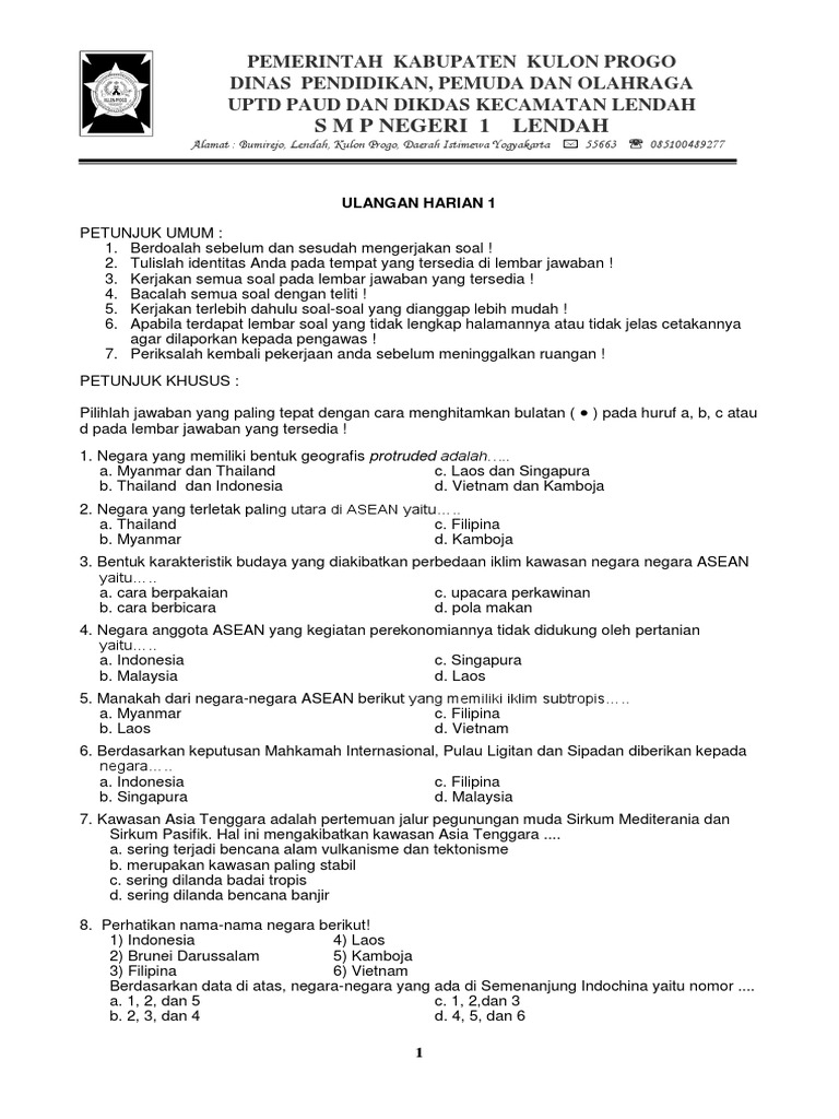 Soal Ulangan Harian Kelas 8 Ips Negara Asean