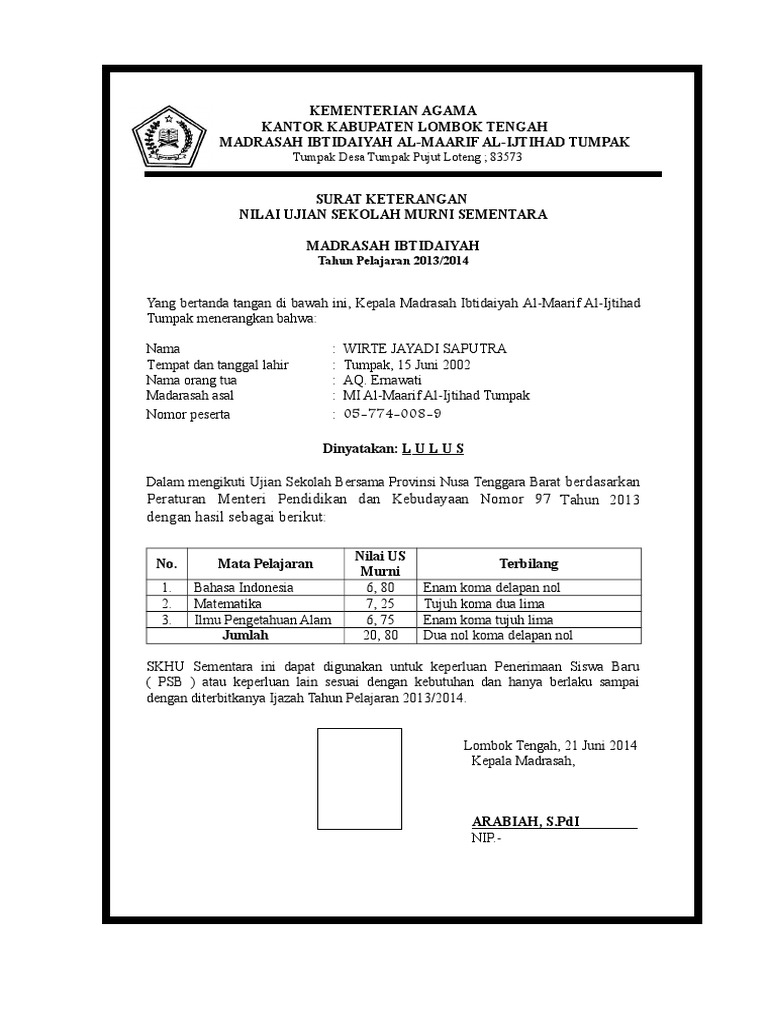 Contoh Skhu Sementara