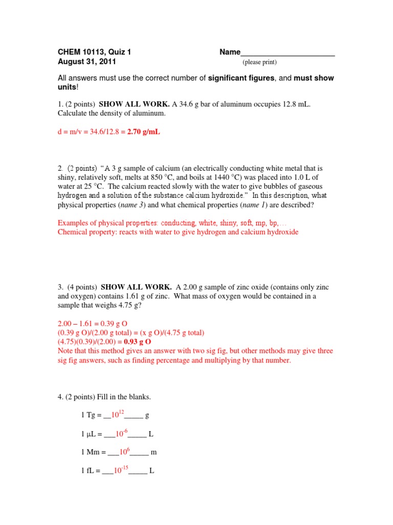 Quiz 111 Key PDF Oxygen Zinc