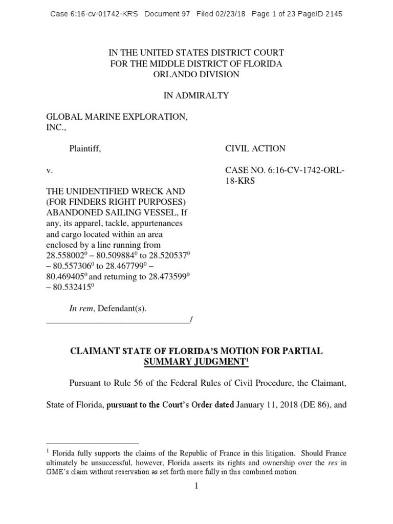 Florida Motion for Sum Parju d Summary Judgment Shipwrecks Free