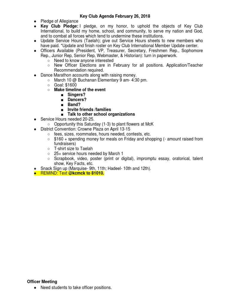 Key Club Meeting Agenda - Feb 2018 | PDF