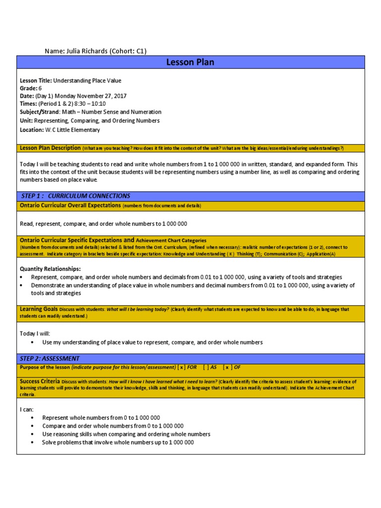 Place Value Lesson Plan for Grade 6 | PDF | Educational Assessment ...