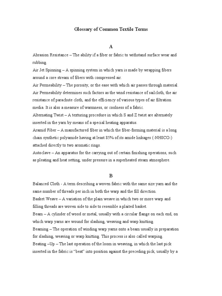 Glossary of Common Textile Terms | PDF
