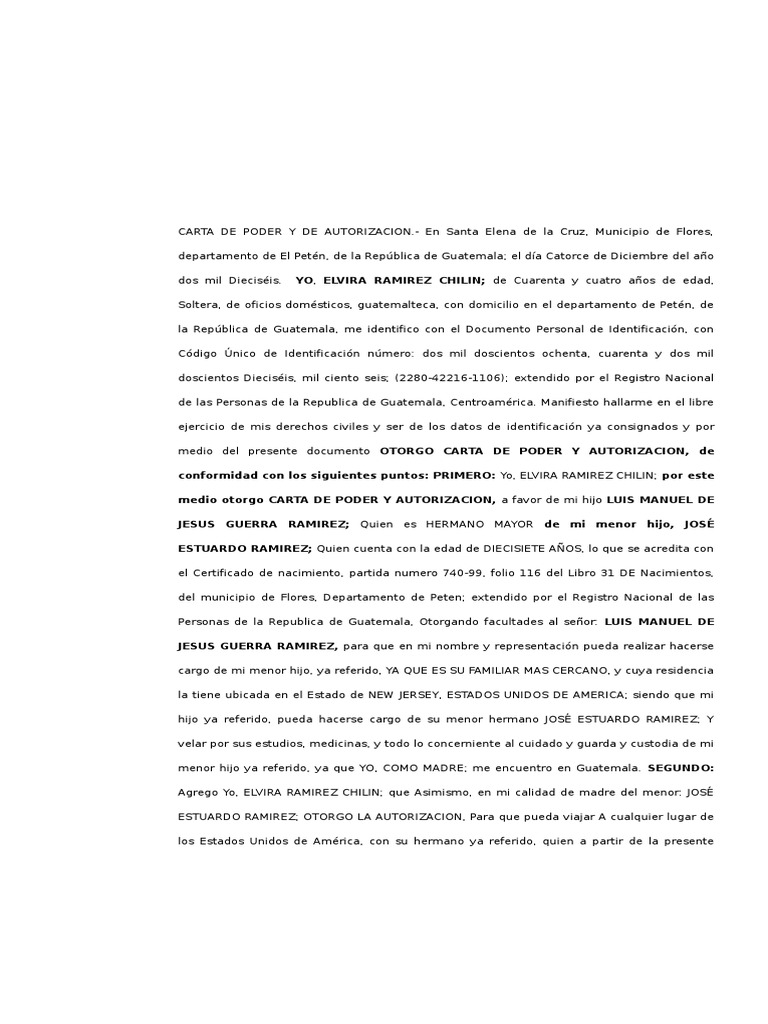 Carta de Poder y Autorizacion a Favor de Padre e Hijo Residiendo en Usa