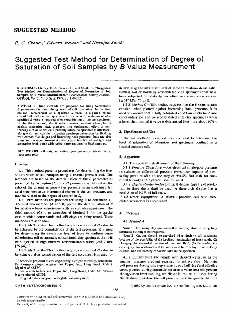 Determination of Degree of Saturation of Soil Samples by B Value ...