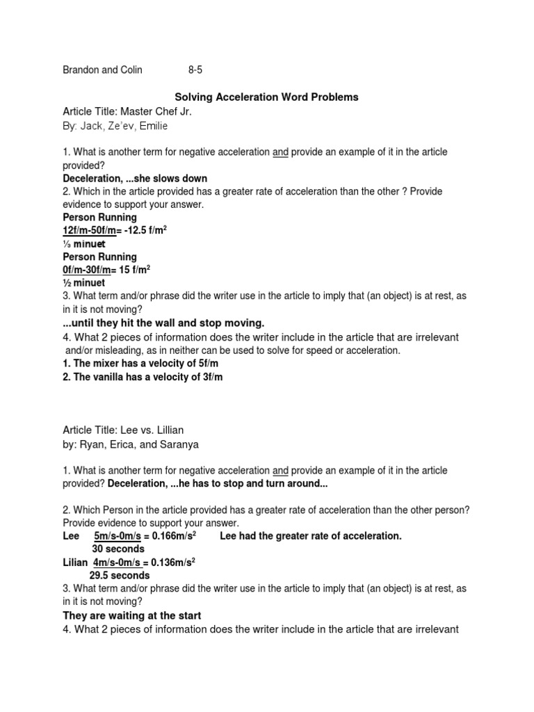 Solving Acceleration Word Problems PDF