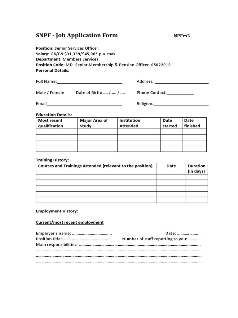 SNPF - Job Application Form | PDF | Business