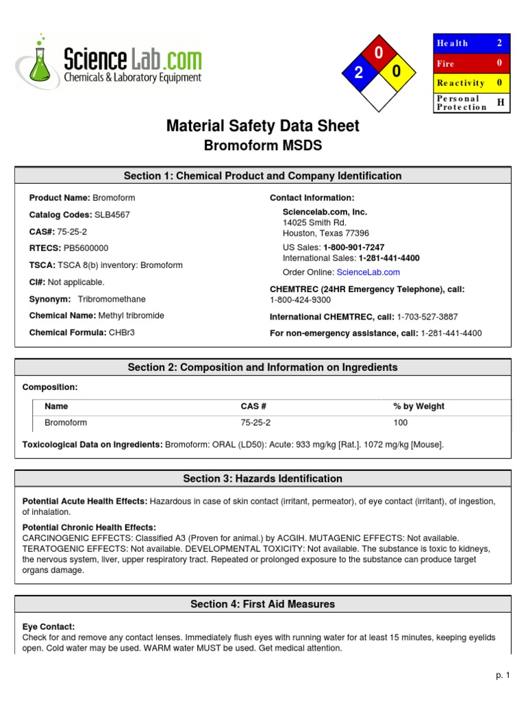 Bromoform MSDS: Section 1: Chemical Product and Company Identification ...