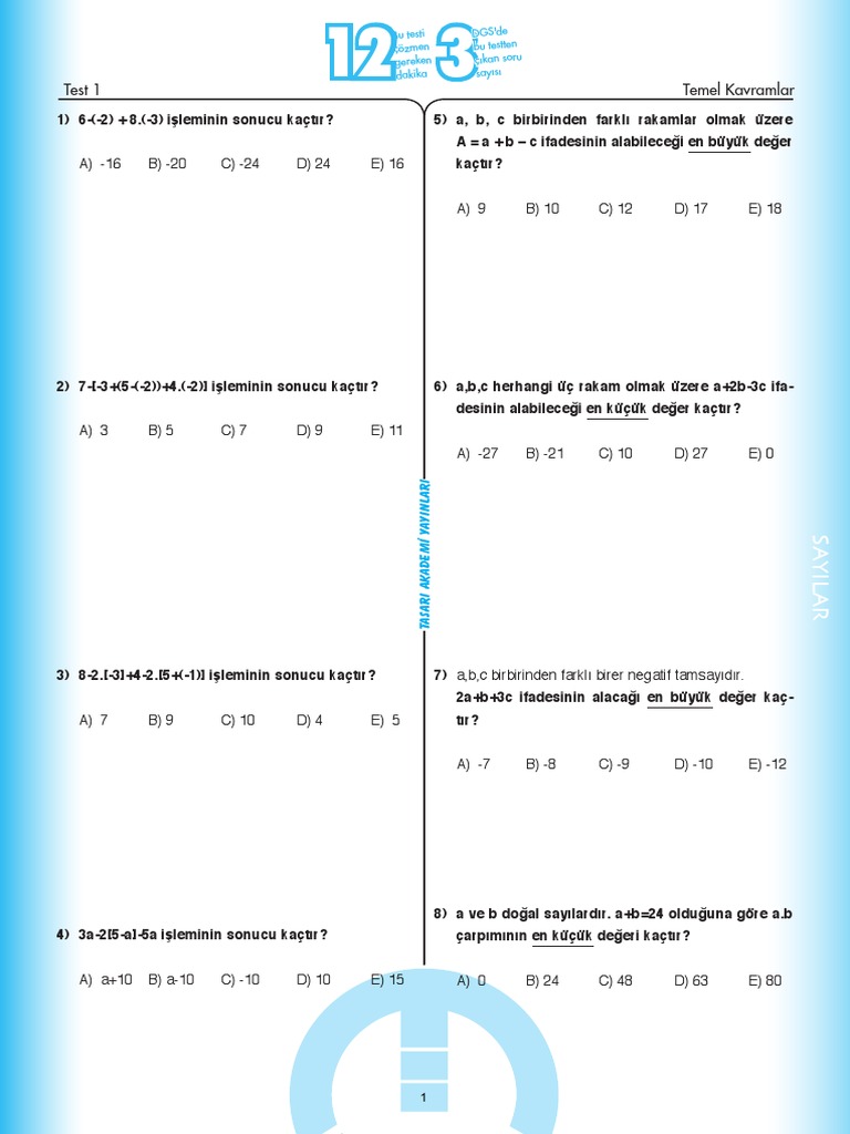 1 matematik yaprak test pdf pdf