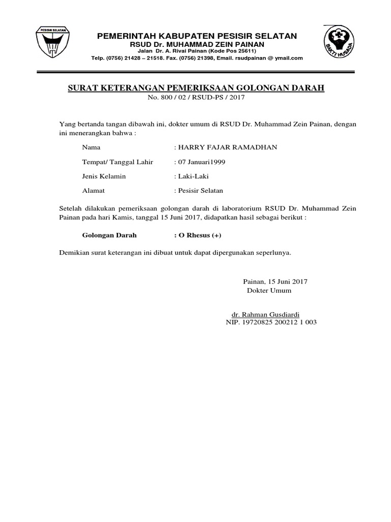 Contoh Surat Pengakuan Pemeriksaan Dahah