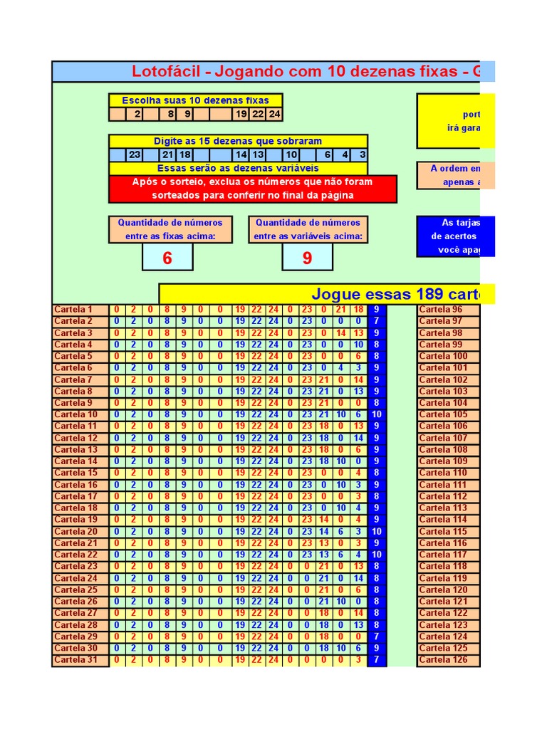 Planilha Lotofácil Grátis - 10 Fixas 