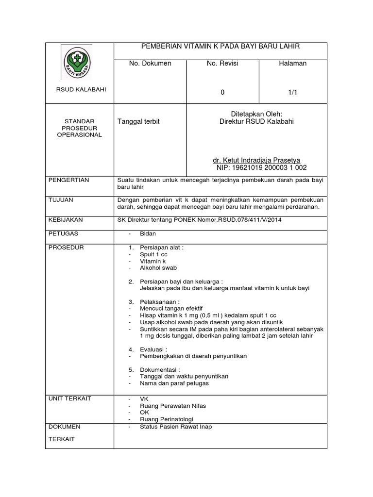 Sop 21 Pemberian Vit K Pada Bayi Baru Lahir