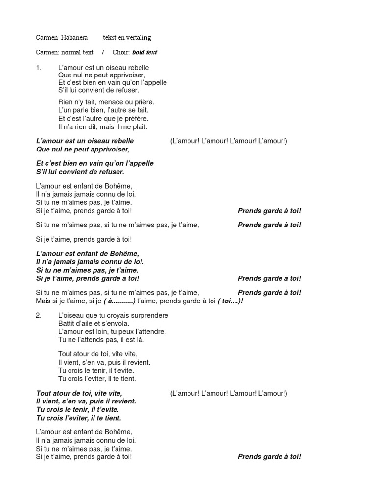 Carmen Habanera Lyrics and Translation Carmen Loisirs