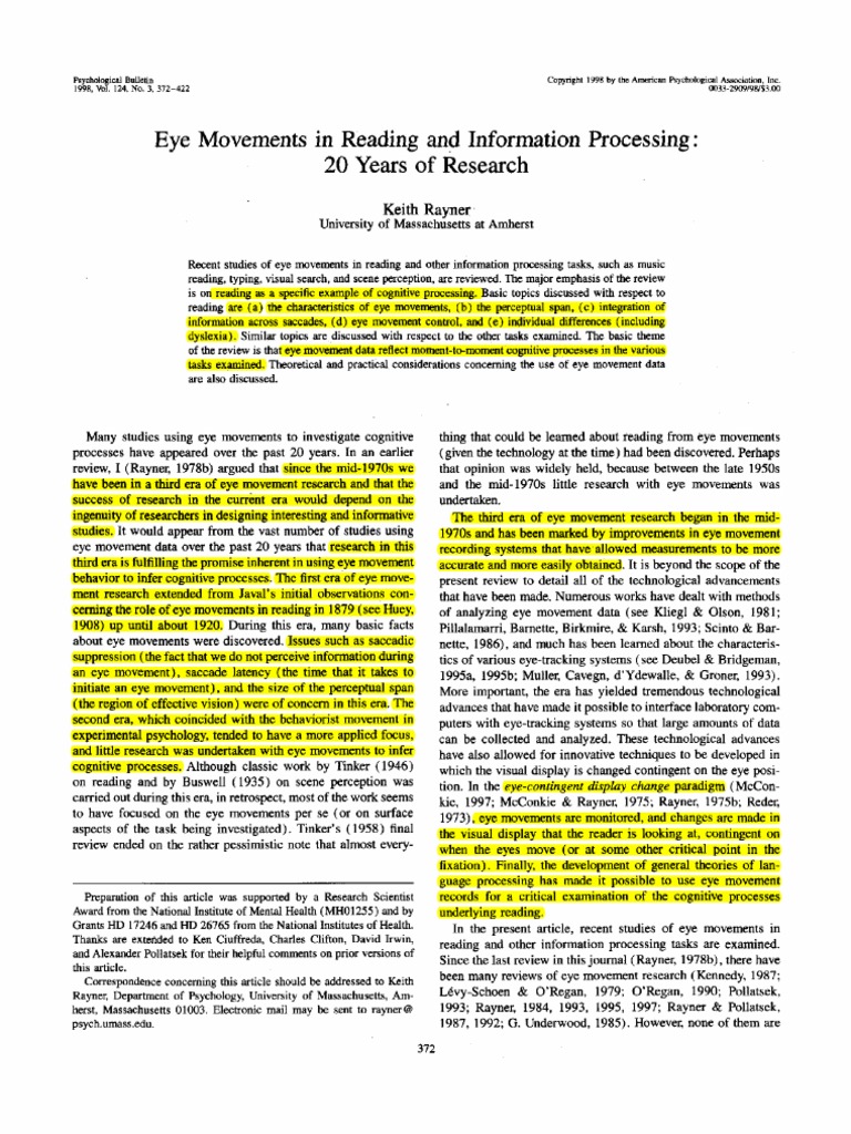 Eye Movements in Reading - Keith Rayner | PDF | Reading (Process ...